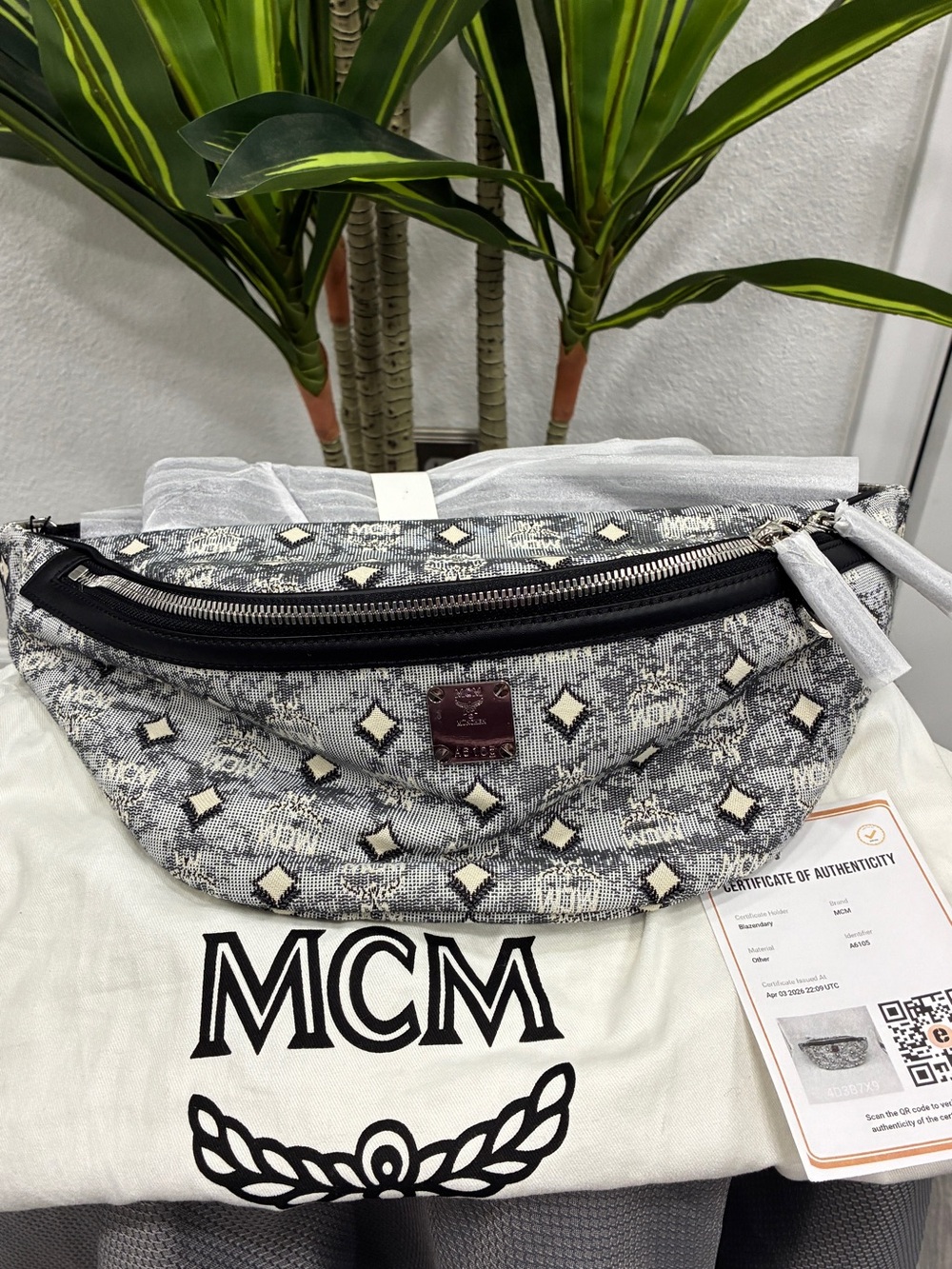 MCM Monogram Grey Diamond Canvas Belt Bag